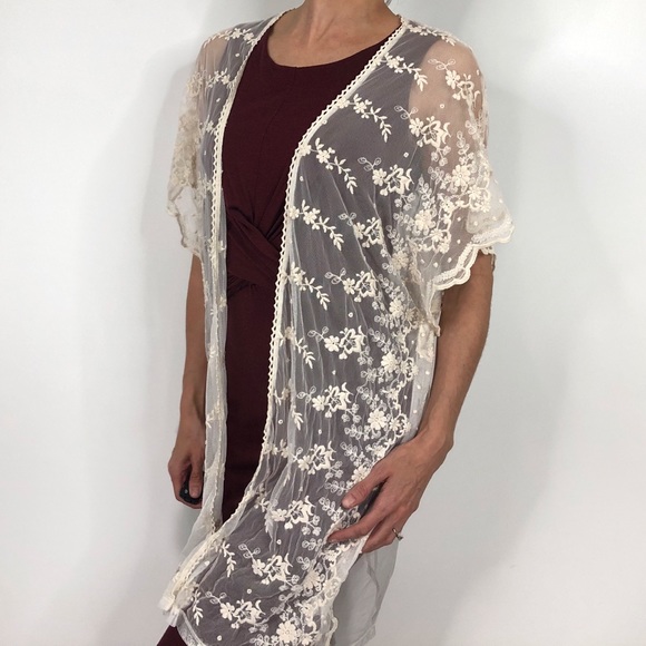 SOLD Haute Society Cream Floral Lace Sheer Boho Kimono - Picture 3 of 7